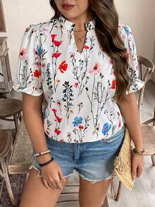 SHEIN LUNE Plus Size Women's Summer White Boho Floral Print Puff Sleeve V-Neck Blouse,Casual Short Sleeve Top For Vacation,Holiday,Bachelorette Party & Daily - White - View 6