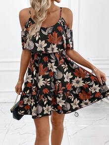 SHEIN Clasi Women's Romantic Floral & Plant Print Off-Shoulder Ruffle Hem Camisole Vacation Summer Dress Spring Summer Vacation Women's Day Elegant Gift For Mom Festival Outfit Beach Date Night ,Summer Dress - Multicolor - View 5