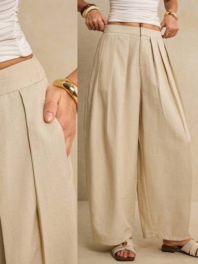 Poéselle Women's Casual Everyday Commute Simple Versatile Solid Color Pleated Loose Wide Leg Pants