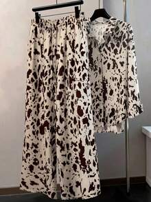 EMERY ROSE Bộ đồ nữ vintage mới, áo dài tay in họa tiết da báo và quần ống đứng, cỡ lớn. - Cà phê nâu - Xem 1