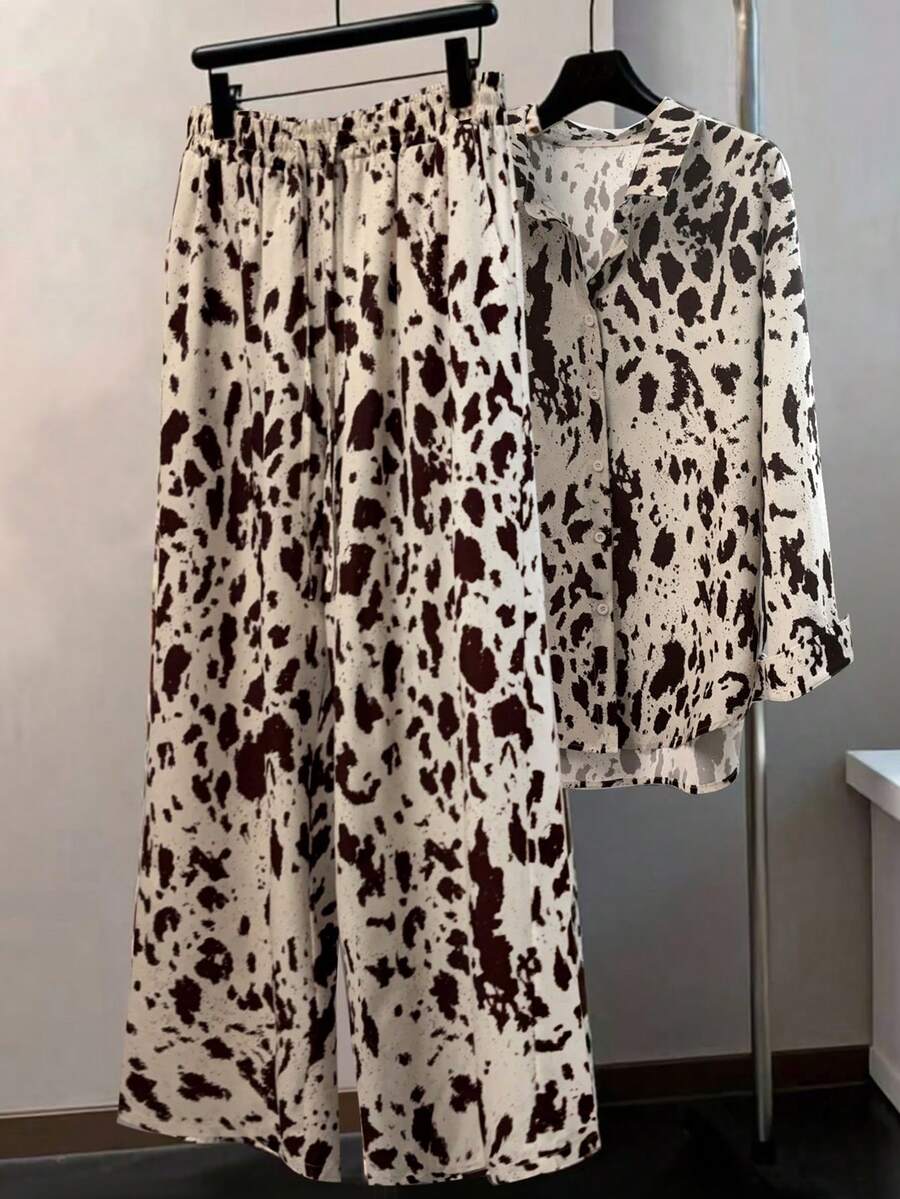 EMERY ROSE Bộ đồ nữ vintage mới, áo dài tay in họa tiết da báo và quần ống đứng, cỡ lớn. - Cà phê nâu - Xem 1