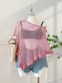 SHEIN EZwear 大码女式绿色荷叶边半透明休闲钩针披肩，适合夏季外出和约会 - 淺粉色 - 查看 7