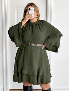 SHEIN CURVE+ Plus Size Dark Green Casual Dress, Suitable For Everyday Wear And Commuting - Green - View 8