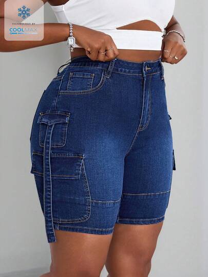 SHEIN SXY 大码女式牛仔弹力腰休闲多口袋修身牛仔短裤