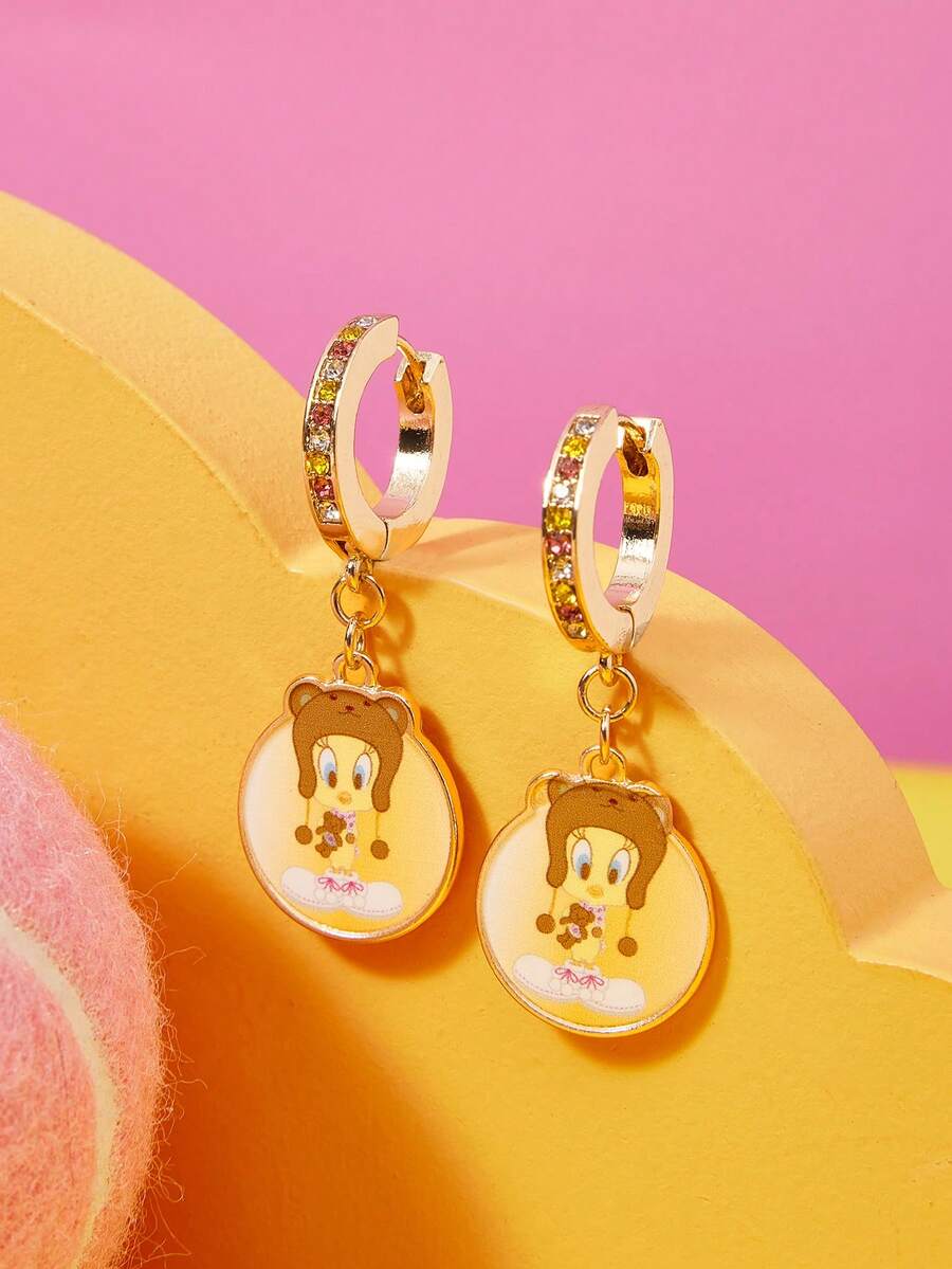 LOONEY TUNES X SHEIN 1 Pair Fashion Zinc Alloy Cartoon Pattern Rhinestone Stud Earrings, Simple & Cute, Elegant & Niche, Suitable For Party, Concert, Festival - Gold - View 1