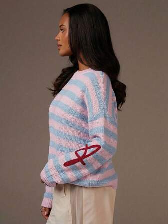 Athîral 女士休闲日常通勤宽松撞色条纹毛衣，秋冬款