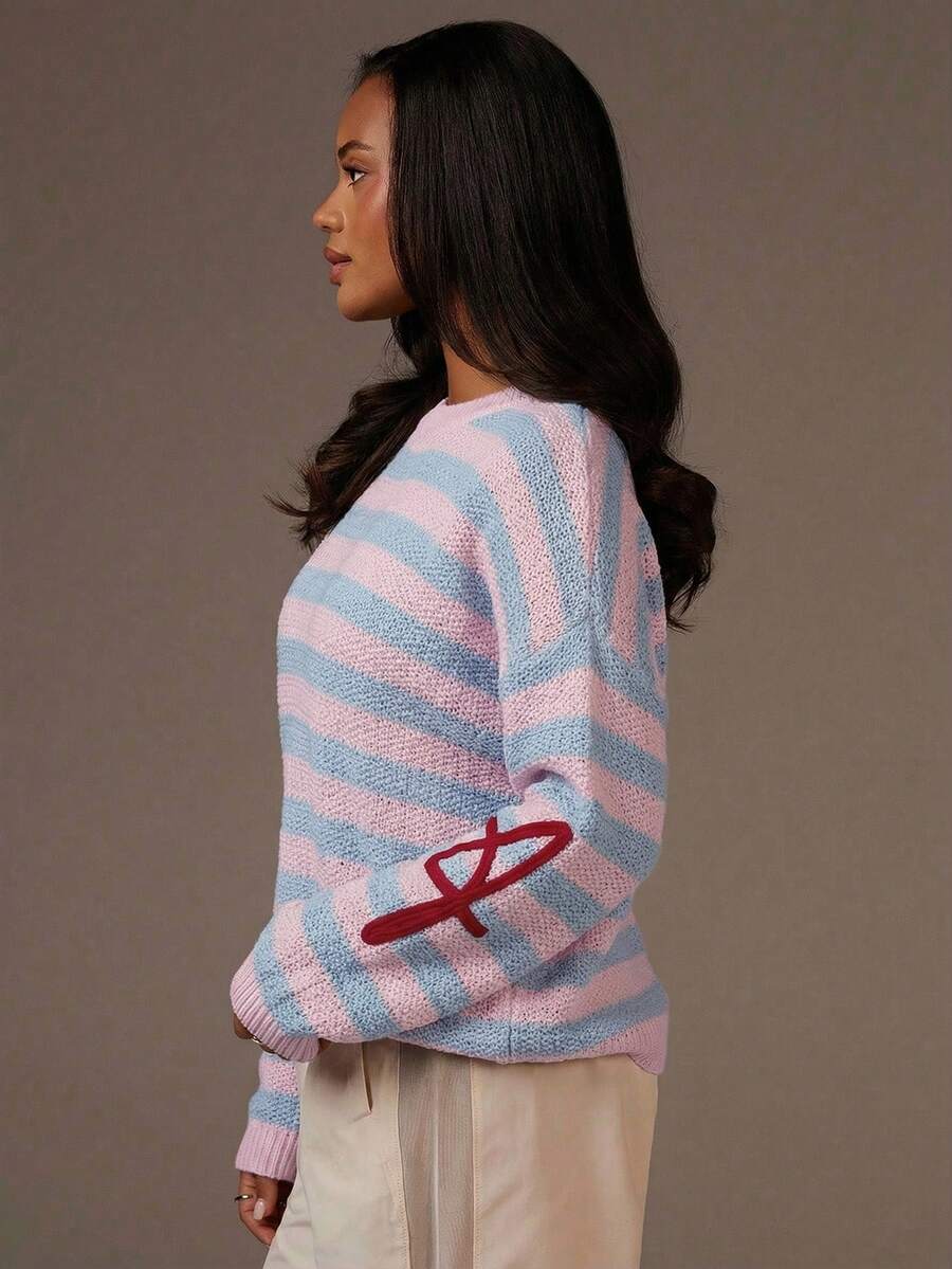 Athîral Women's Casual Everyday Commute Loose Fit Contrast Striped Pattern Sweater, Autumn/Winter - Multicolor - View 1