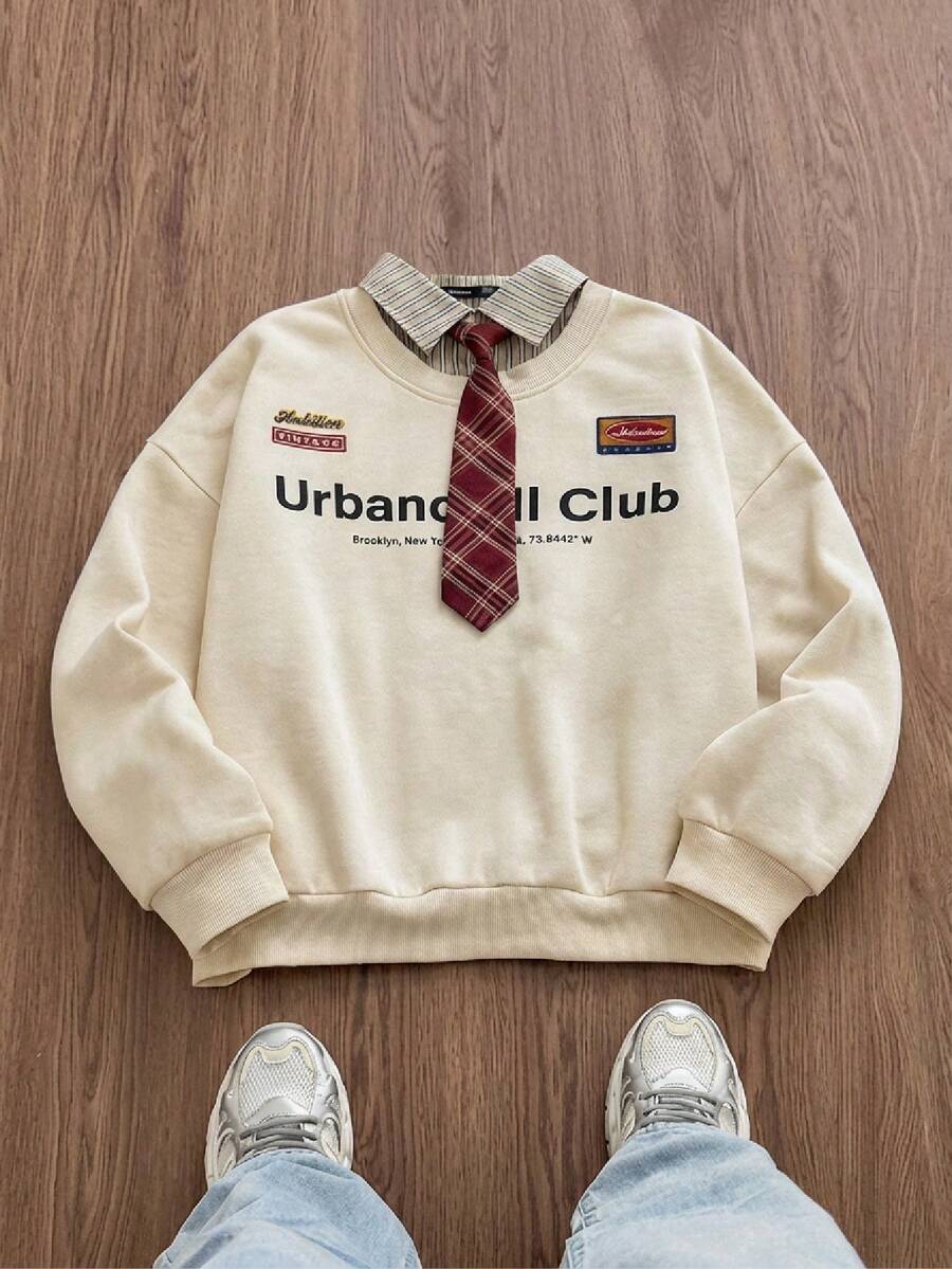 Manfinity Unisex 男士针织休闲宽松长袖保暖卫衣，时尚日常穿着 - 卡其色 - 查看 1