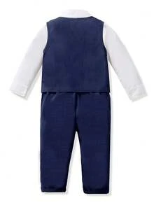 SHEIN Traje de 2 piezas para niños de 4 a 7 años para volver al colegio: chaleco sin mangas de tejido texturizado en rojo navideño y pantalones a cuadros de tejido texturizado, conjunto formal elegante para ocasiones como fiestas, cumpleaños, festividades en primavera, otoño e invierno - azul real - Ver 2