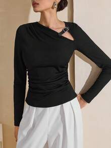 Graceveil Women's Black Hollow-Out Elegant T-Shirt With Leather Buckle Design, Slimming American Style For Outings And Dates, Autumn - Coffee Brown - View 1