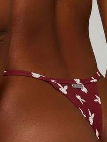 Missguided x Playboy Ribbed Bunny Print Cheeky Coverage Low Rise String Thong Panties Underwear - Burgundy - View 2