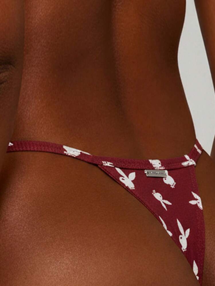 Missguided x Playboy Ribbed Bunny Print Cheeky Coverage Low Rise String Thong Panties Underwear