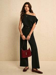 Poéselle 女士时尚蕾丝拼接不对称肩部连体裤 - 黑色 - 查看 7