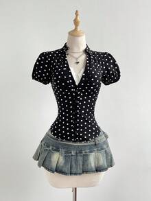 Elamini Women's Polka Dot Metal Hidden Button Pleated Vintage Blouse - Black and White - View 6