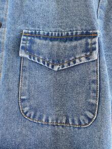 SHEIN Vintaside Kids Girls' Spring/Summer Turndown Collar Long Sleeve Fashionable Casual Washed Denim Dress - Blue - View 7