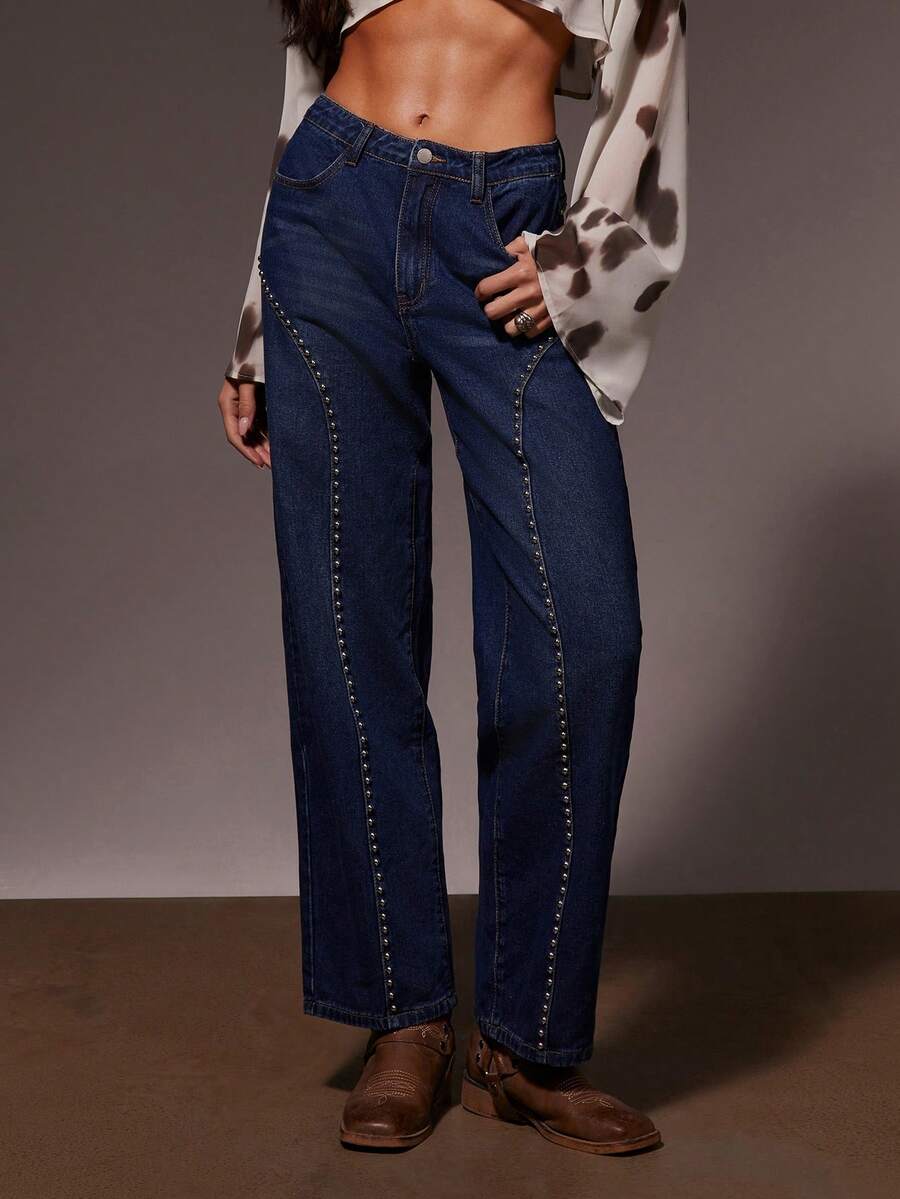 Athîral 女士纯色直筒休闲百搭斜插口袋牛仔裤