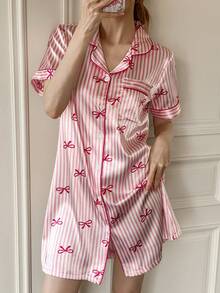 Dream Adore 仿丝绸蝴蝶结条纹翻领开衫睡衣 - 粉色 - 查看 5