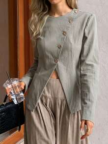 Elyressa Women's Solid Color Round Neck Long Sleeve Decorative Button Fashionable Minimalist Shirt - Green - View 4