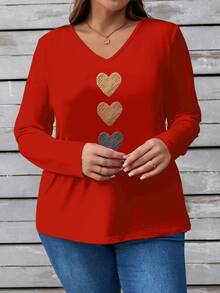 EMERY ROSE Camiseta de manga larga con cuello en V y estampado de corazón, talla grande, color rojo - Rojo - Ver 3