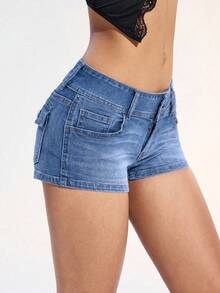 Jeanoix Women's Slant Pocket Casual Elastic Denim Shorts - Light Wash - View 4