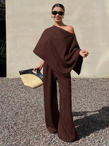 Livesso Spring & Summer Loose Casual Vacation Style Fashion Brown Shoulder Design Pullover Cover Up & Straight Leg Wide Leg Pants 2 Pieces Set For Women