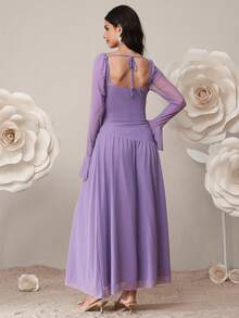 SHEIN 孕妇纯色褶皱心形领喇叭袖前系带优雅连衣裙 - 紫色 - 查看 2