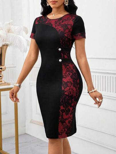 SHEIN Lady Vestido elegante de talla grande con cuello redondo y manga corta ajustado