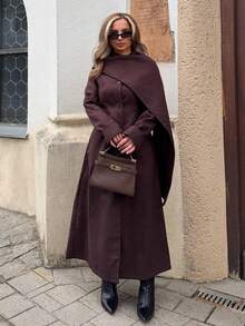 Jeta Ari 女士优雅精致端庄日常通勤街头时尚新款时尚百搭宽围巾披肩领纽扣腰A字长款双面羊毛棕色外套，秋冬 - 咖啡棕 - 查看 5