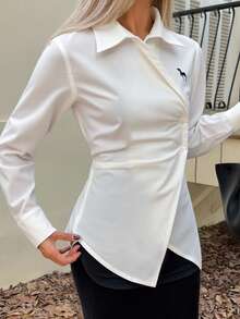 DAZY Women's Elegant Printed Asymmetric Collar Blouse, Autumn/Winter - Beige - View 5