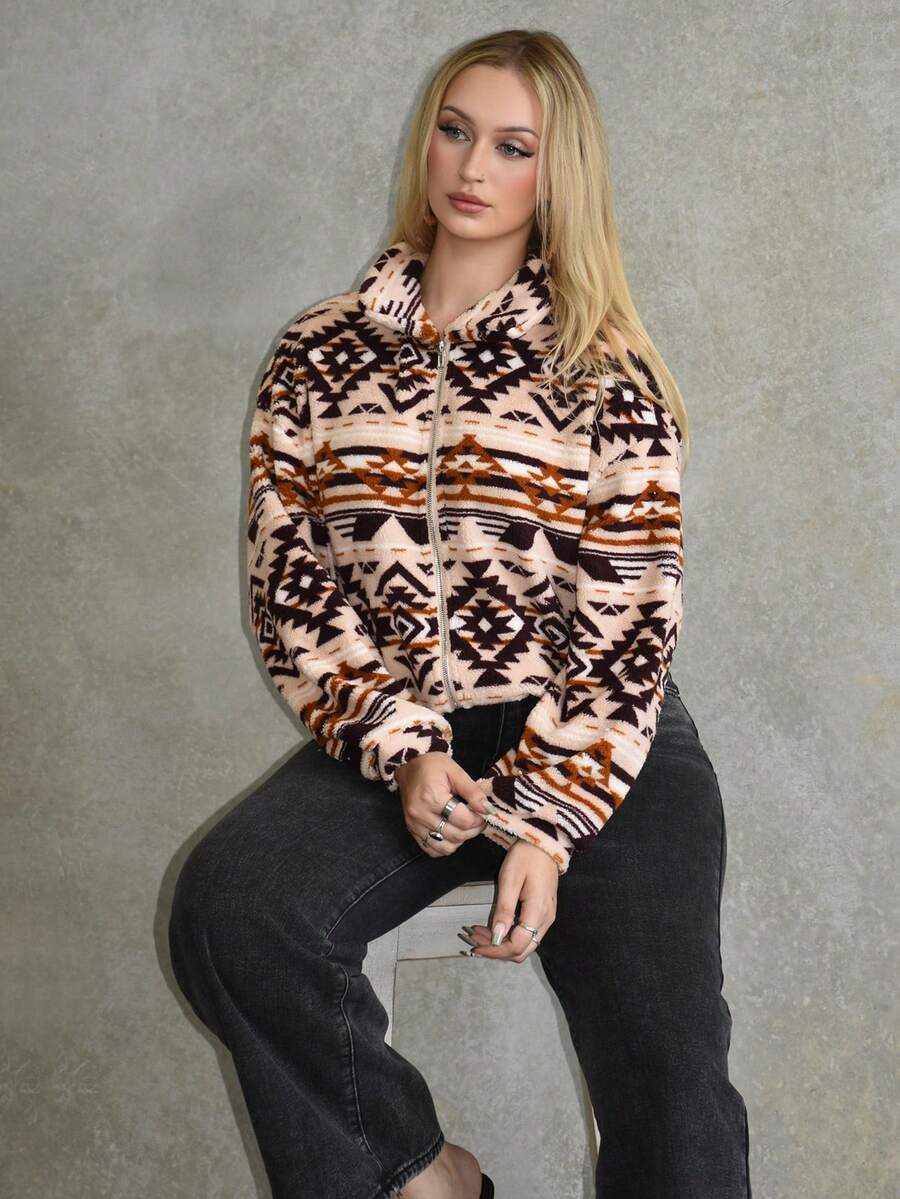 Arliah 女士时尚休闲几何图案羊毛夹克拉链毛绒夹克，秋冬季 - 彩色 - 查看 1