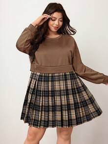 Enliva Vestido sudadera de manga larga con parches a cuadros para mujer talla grande, adecuado para otoño/invierno, para silueta de manzana y redondeada - Marrón - Ver 6