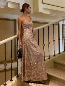 DAZY Đầm nữ màu trơn đính sequin ôm dáng thanh lịch, đầm dự tiệc lấp lánh, đầm hè. - Hồng - Xem 3