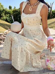 DAZY Camicia da notte lunga da donna con patchwork floreale, bordi a contrasto e cinturino largo in vita - Albicocca - Visualizzare 5