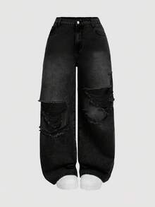 SHEIN CURVE+ 大码休闲水洗做旧阔腿牛仔裤 - 黑色 - 查看 4