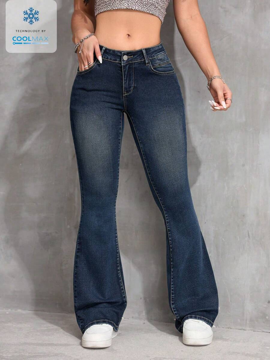 SHEIN ICON Plus Size Women Retro Elastic Fitted Flare Jeans, Versatile Cowgirl Rodeo Outfits - Blue - View 1