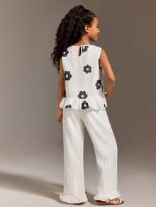 SHEIN Tween Girl Floral Print Ruffle Hem Top And Wide Leg Pants Casual Outfit - White - View 2