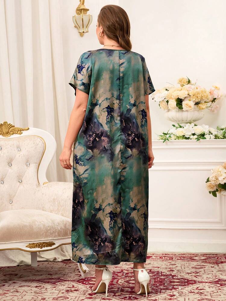 Plus Size Floral Print Round Neck Short Sleeve Dress,Flower/Summer/Spring/Vacation