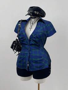 Sunspun 大码格子短袖收腰休闲衬衫 - 彩色 - 查看 4