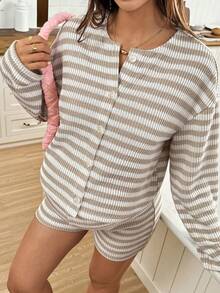 SHEIN 2pcs Maternity Striped Drop Shoulder Long Sleeve Button-Up Top And Adjustable Waist Shorts Nursing Set - Khaki - View 6