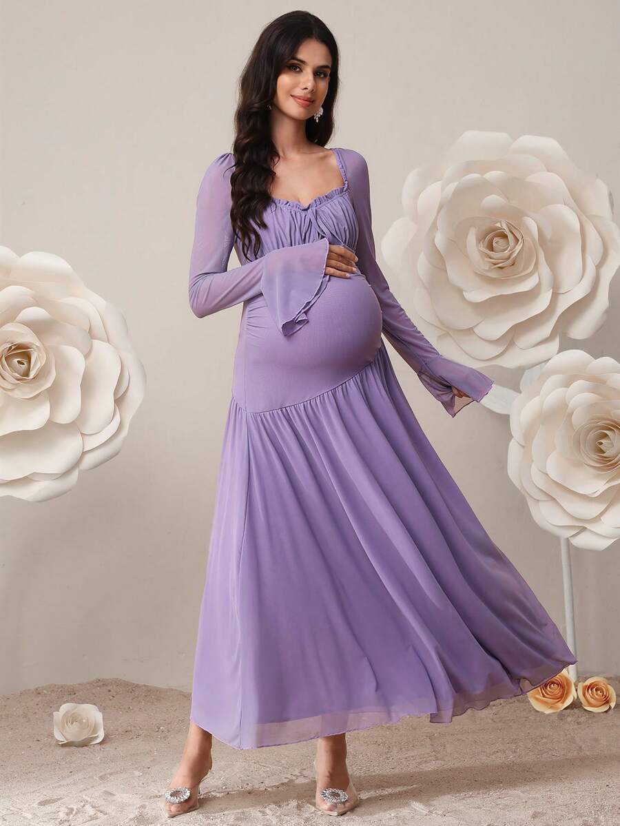 SHEIN 孕妇纯色褶皱心形领喇叭袖前系带优雅连衣裙 - 紫色 - 查看 1