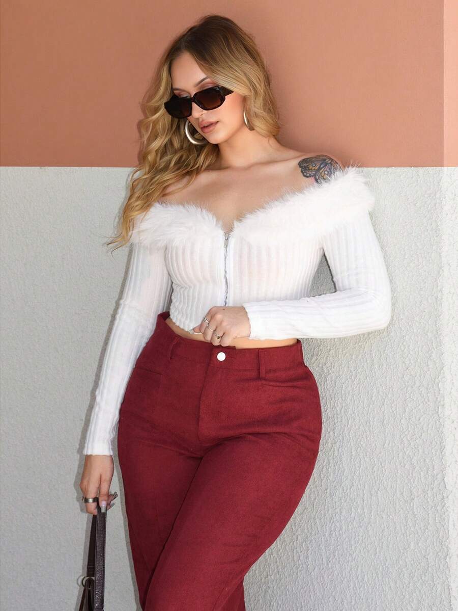 Arliah Off Shoulder Fuzzy Trim Crop Pink Jacket In Fall/Winter - White - View 1