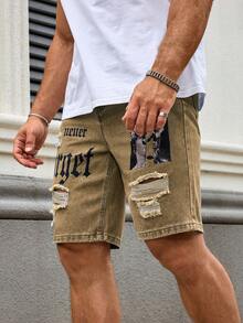 Manfinity Roughcore Quần short denim nam in chữ, có túi, kiểu dáng casual, quần short denim rách, quần short denim phong cách đường phố, quần short denim nam đã giặt, quần short jeans nam, quần short denim in họa tiết nam. - Màu Khaki - Xem 6