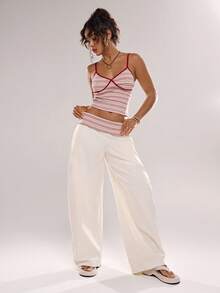 Avantive Women's Spaghetti Strap Striped Casual Fitted Crop Top 2 Pieces Set, Summer - White - View 4