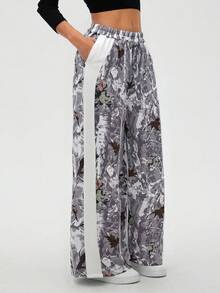 SHEIN LUNE Women's Casual Girlisim Loose Fit Maple Leaf Print Pocket Palazzo Pants, Autumn Golf Pastal - Multicolor - View 3