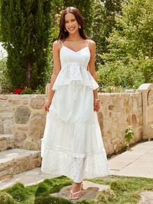 KARISMINA Women's Sping Summer Romantic Embroidered White 2 Pieces Set, Suitable For Spring/Summer Vacation,Vacation Outfits Women,Party Dress,Elegant Dresses For Party,Wedding Guest Dress For Women,Graduation Dress,White Dresses For Women,Spring Women,Vacation Outfits Women,Party Dress,Elegant Dresses For Party,Wedding Guest Dress For Women,Graduation Dress,Lady's White Two-Piece Set,Spring Women,Beach Outfit For Women - White - View 4