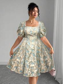 Elenzga 大码女士优雅方领收腰短袖花卉提花A字连衣裙，适合婚礼宾客、情人节、约会、夏季度假等场合。 - 綠色 - 查看 1