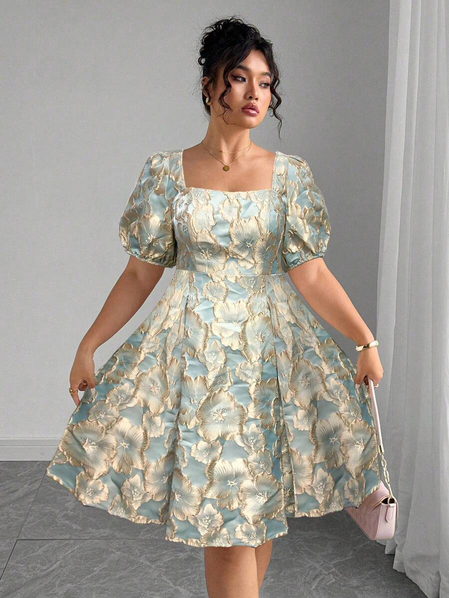 Elenzga 大码女士优雅方领收腰短袖花卉提花A字连衣裙，适合婚礼宾客、情人节、约会、夏季度假等场合。 - 綠色 - 查看 1