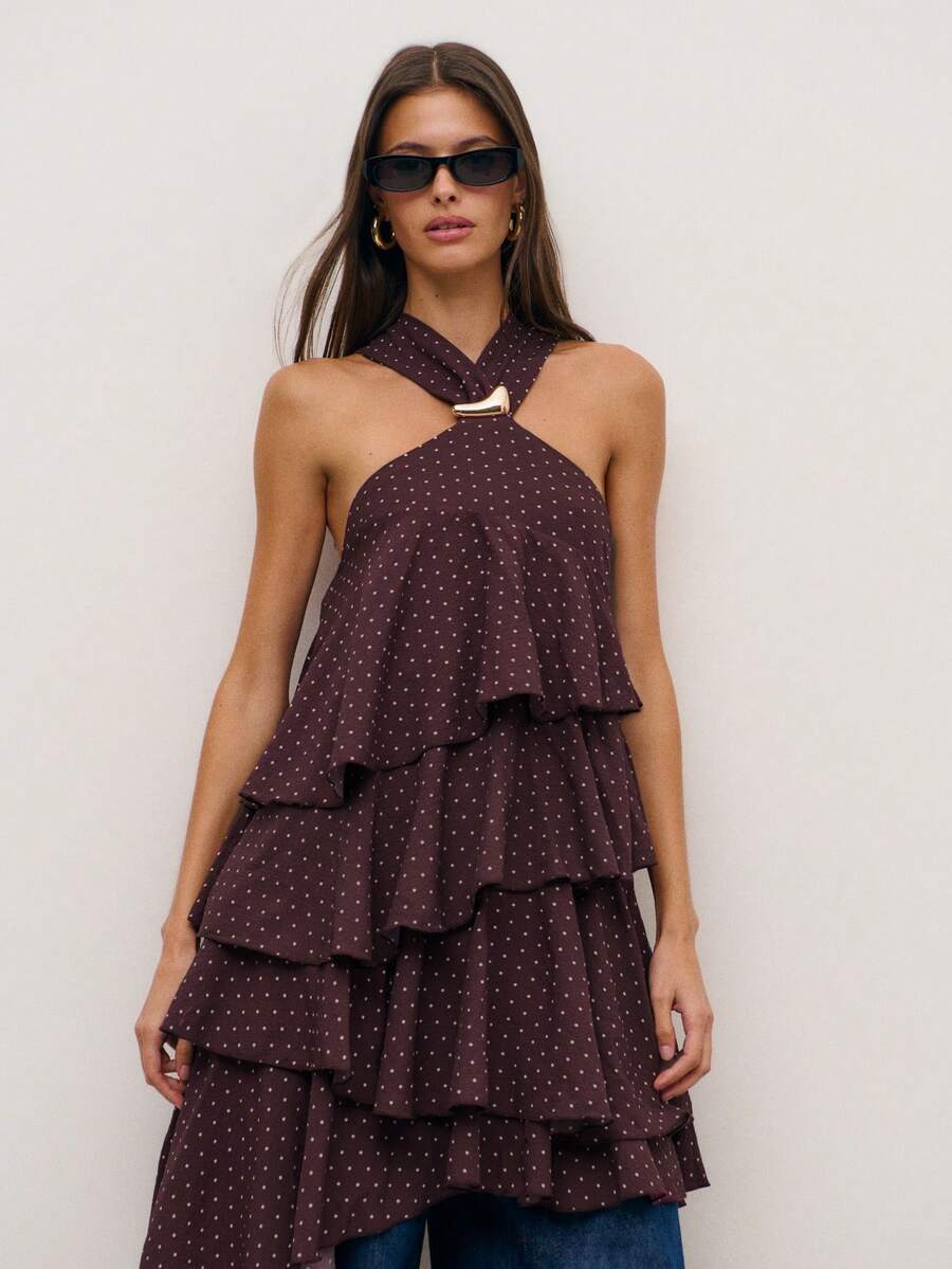 Nöista Elegant Brown And Yellow Polka Dot Halter Dress With Ruffle ...