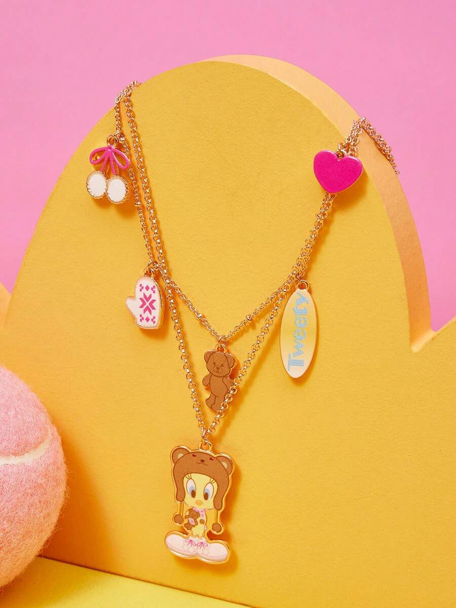 LOONEY TUNES X SHEIN 1件时尚锌合金卡通图案印花双层精致链条项链，简约优雅，适合派对、音乐会、节日等场合。 - 金色 - 查看 1