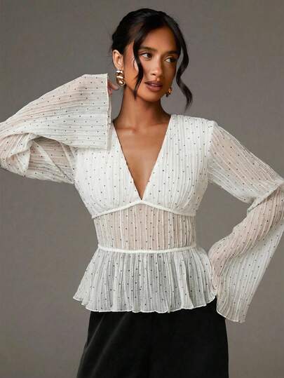 Athîral Women's V-Neck Polka Dot Print White Flared Sleeve Ruffle Hem Stylish Blouse, Comfortable Slightly Sheer Woven Fabric, Fitted Cut, Flared Sleeve Design,Polka Dot Top,Vacations For Women,Birthdays For Women,Valentine's Day,Spring Women